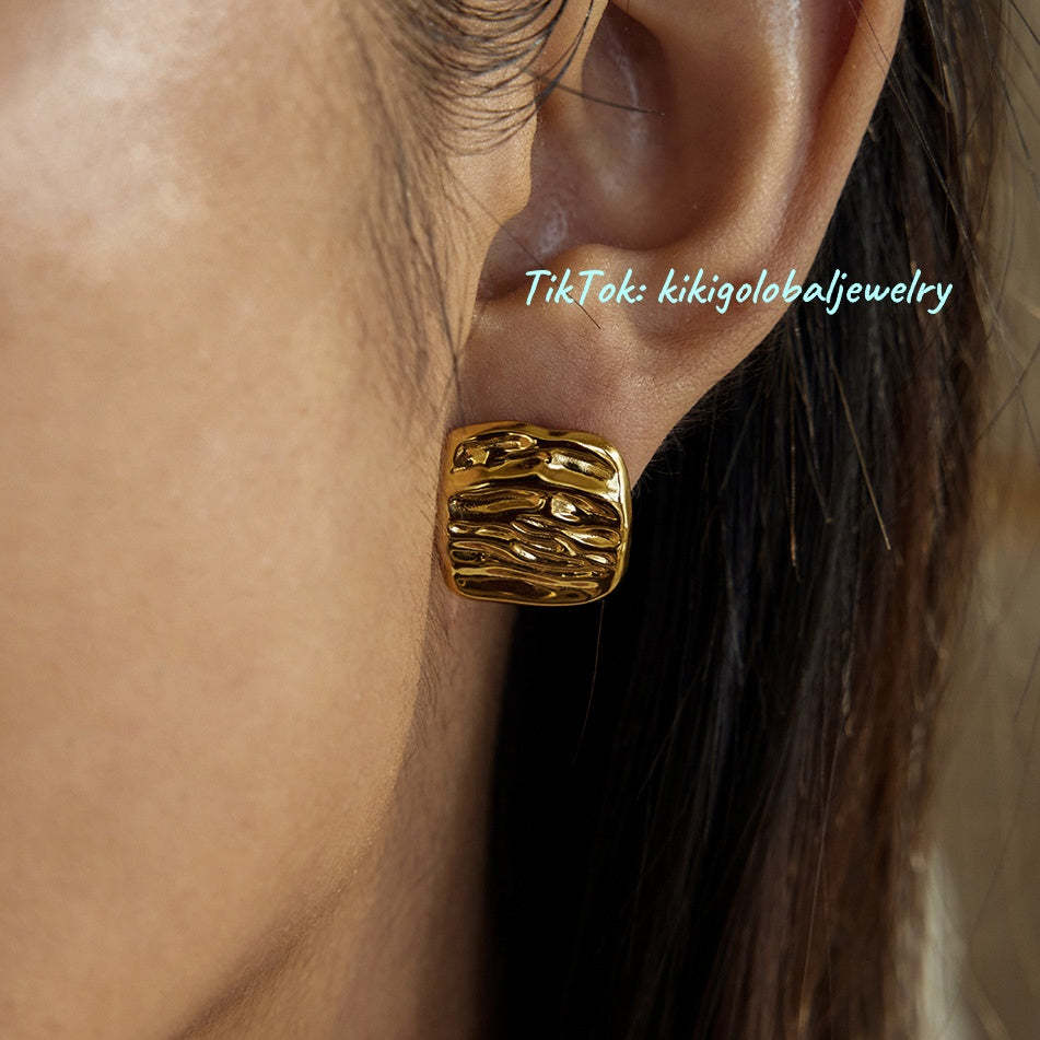 18K Gold and Stainless Steel Pleated Geometric Earrings