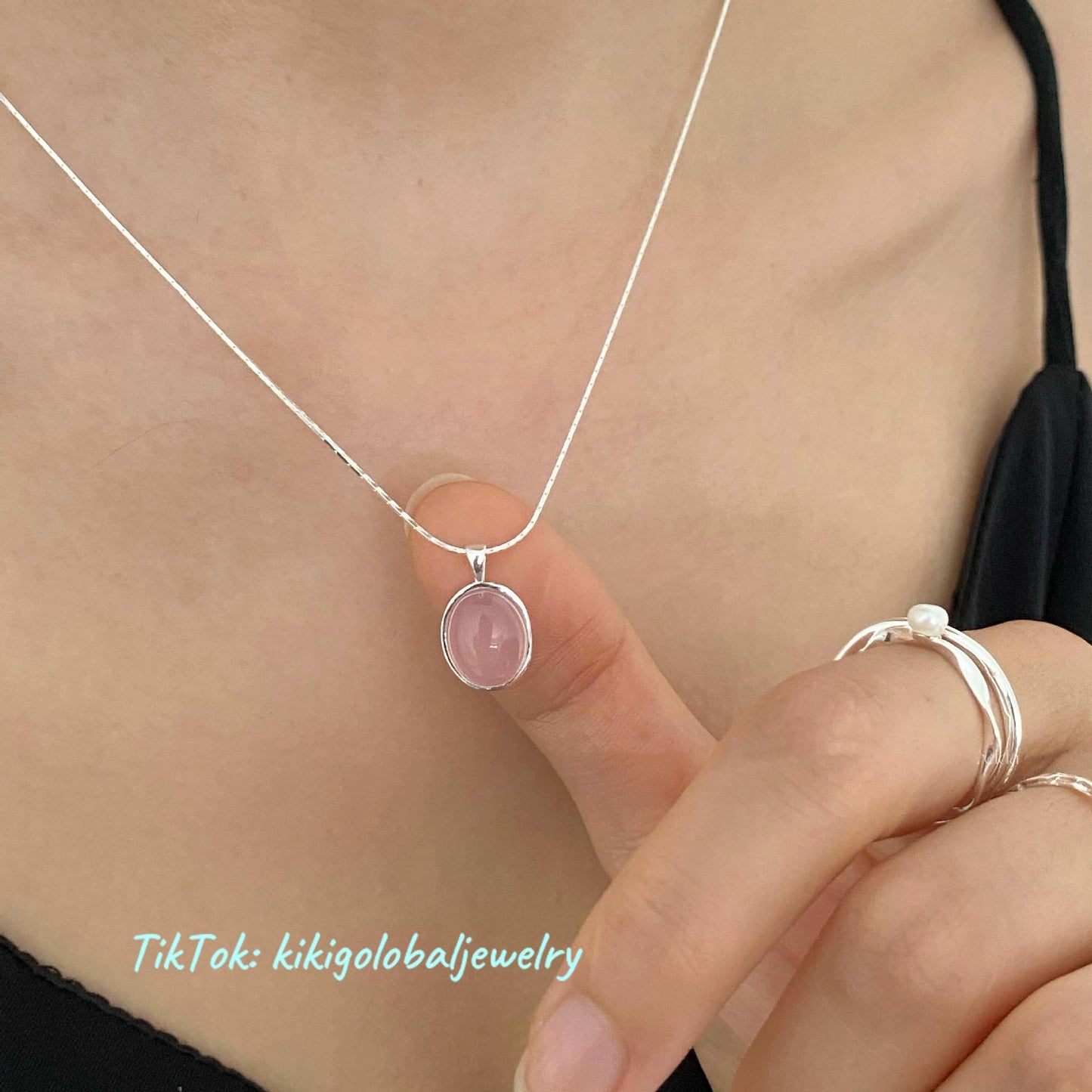 S925 sterling silver pink natural stone necklace