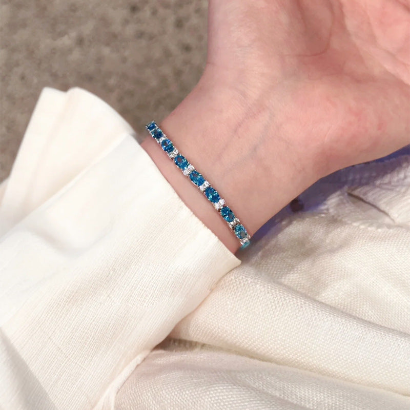 S925 silver high carbon diamond 4*6 sea blue full diamond bracelet