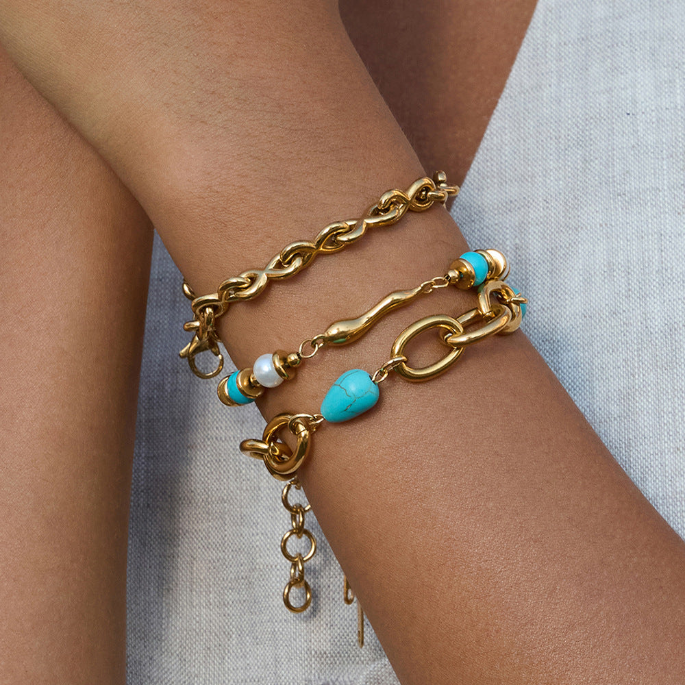 18K Gold and Stainless Steel Wide Oval Blue Turquoise Bracelet
