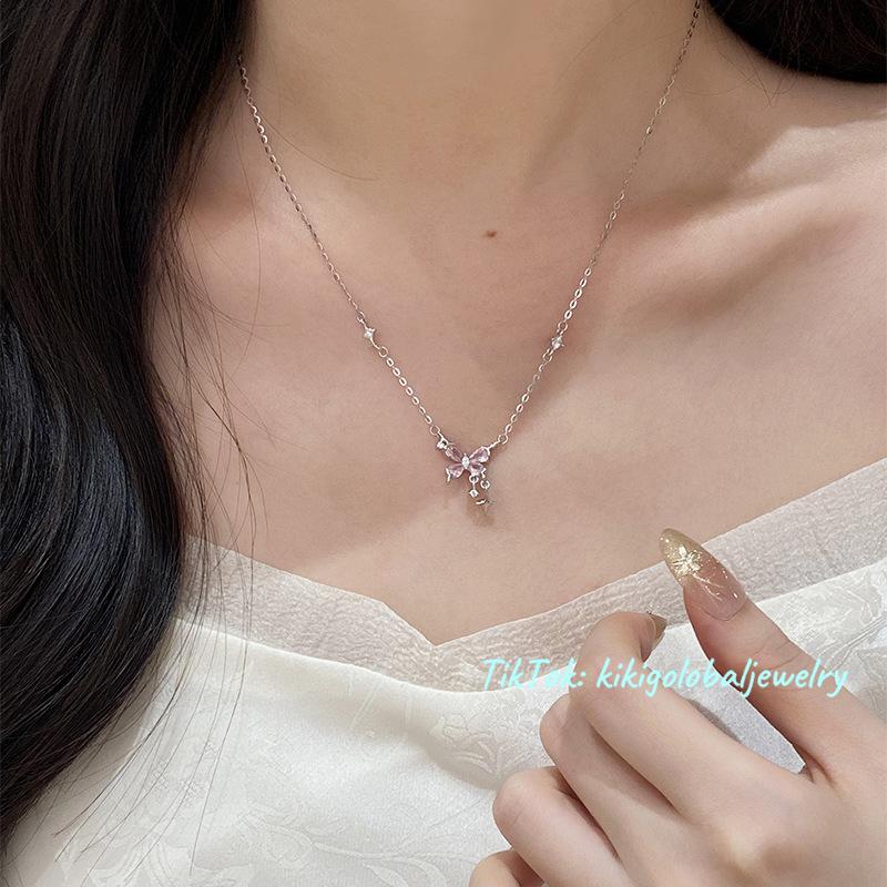 s925 sterling silver butterfly pink diamond necklace
