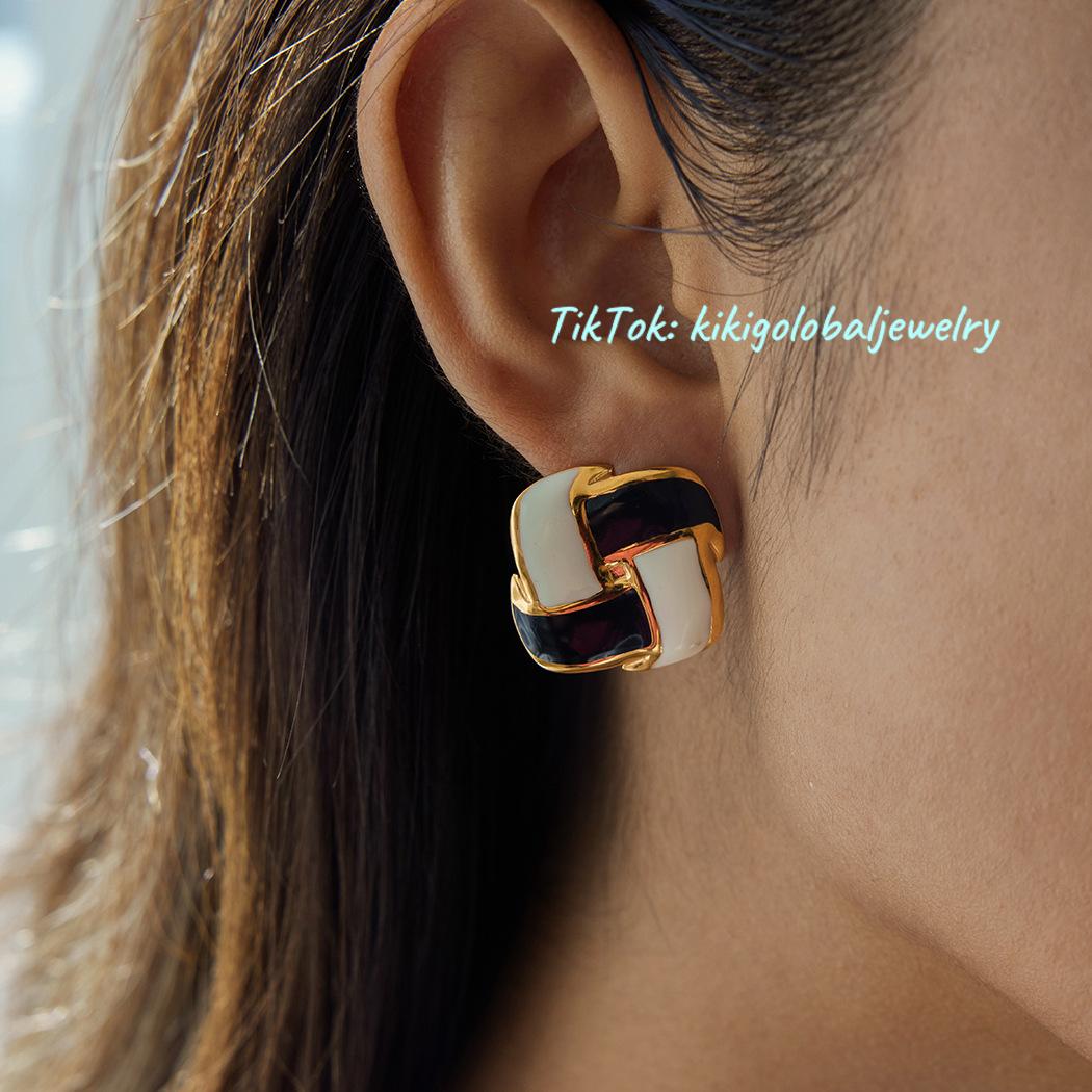 18K Gold Stainless Steel Square Black and White Checkerboard Earrings