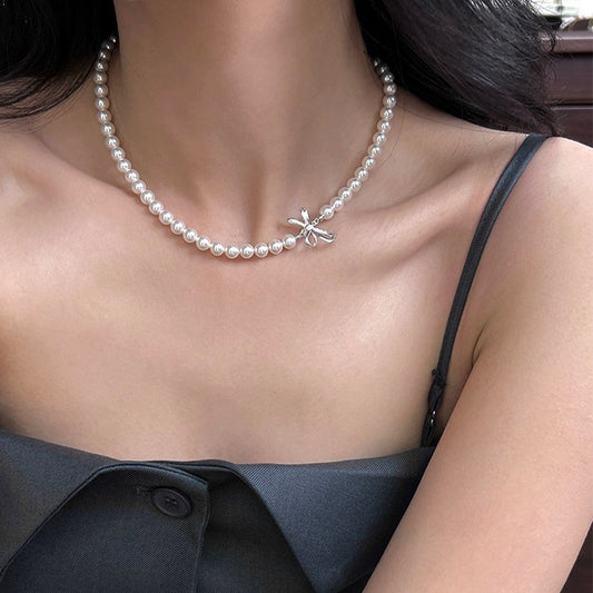 S925 silver bow pearl necklace