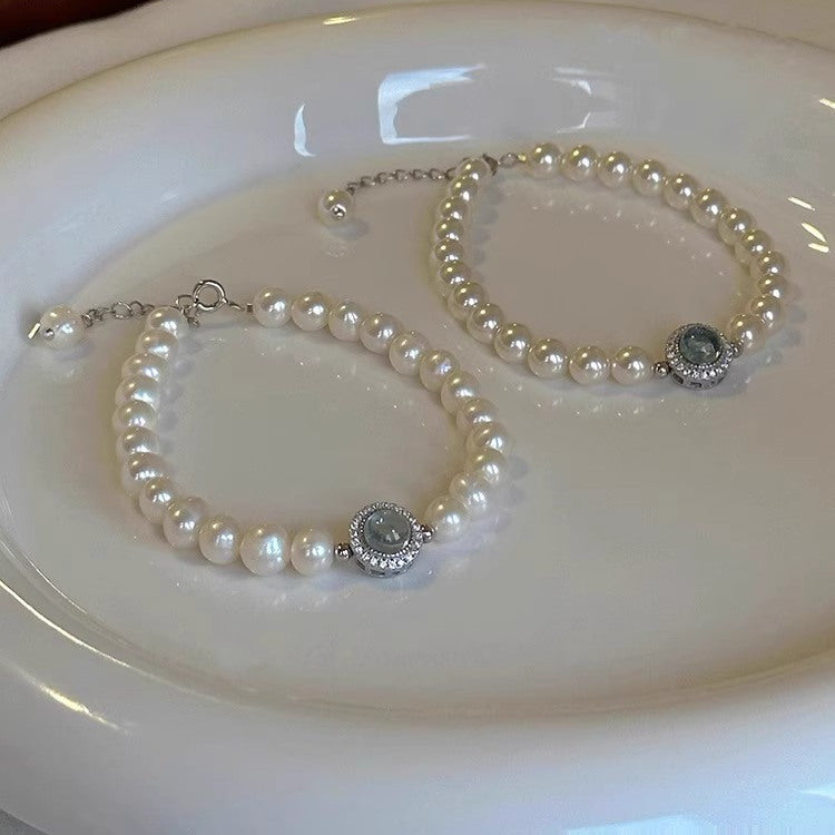 s925 sterling silver aquamarine pearl bracelet