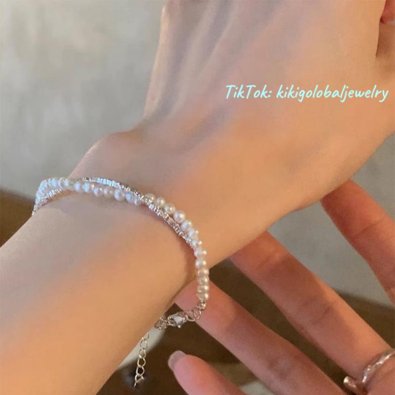 s925 sterling silver natural baroque pearl broken silver double layer bracelet