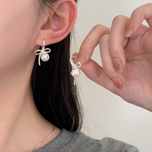 S925 artificial pearl bow earrings