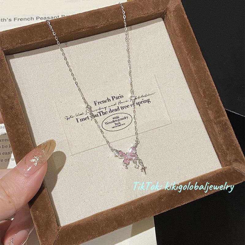s925 sterling silver butterfly pink diamond necklace