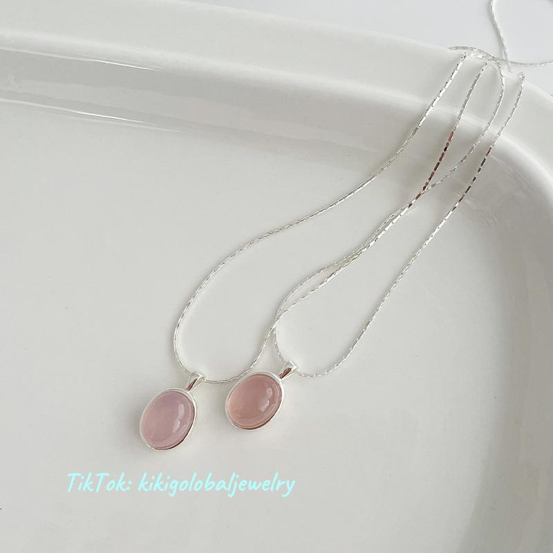 S925 sterling silver pink natural stone necklace