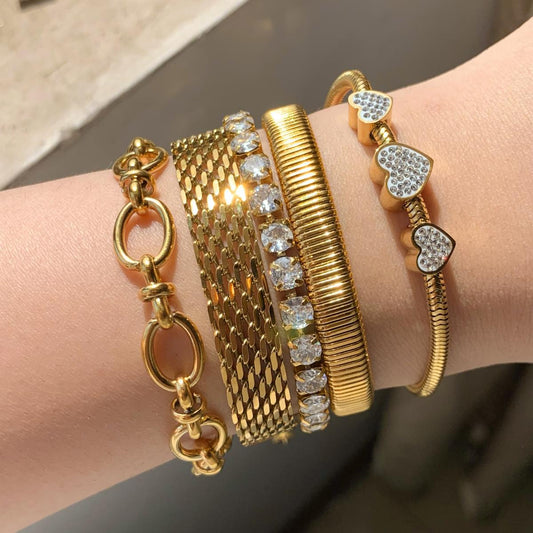 Stainless Steel Diamond Wide Strap Heart Bracelet