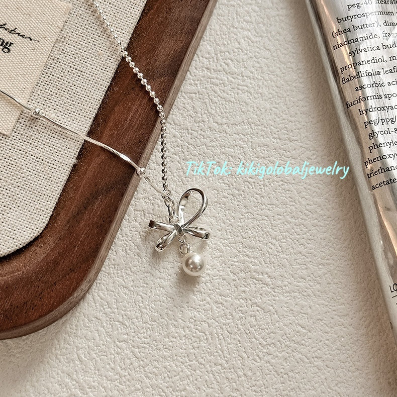 s925 sterling silver bow pearl necklace