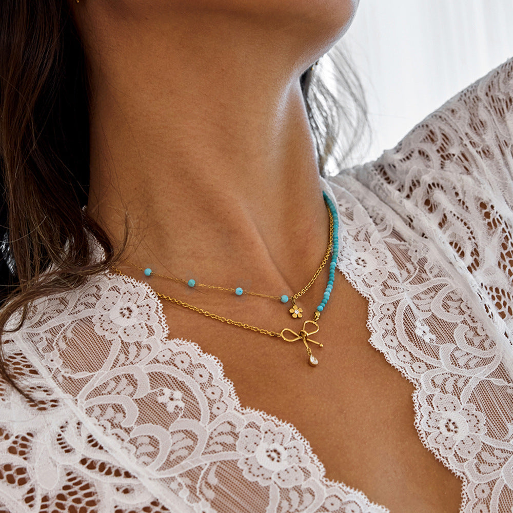 18K gold and stainless steel small blue turquoise pendant necklace