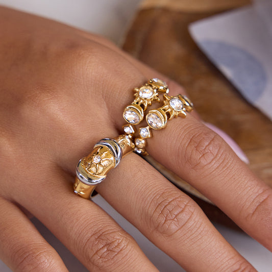 18K Gold Stainless Steel Zircon Sun Ring