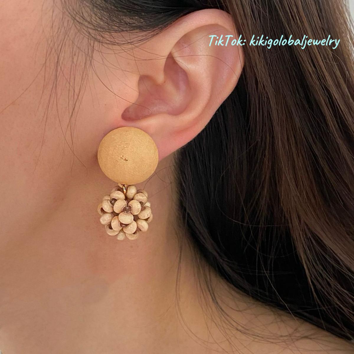 Hand-woven round wooden bead pine cone earrings