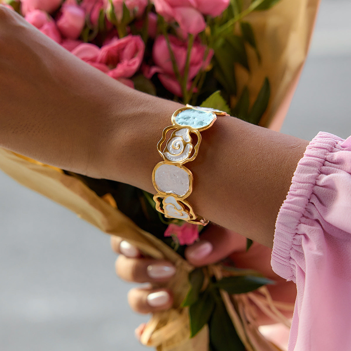 18K Gold and Stainless Steel Floral Rose Cuff Bracelet