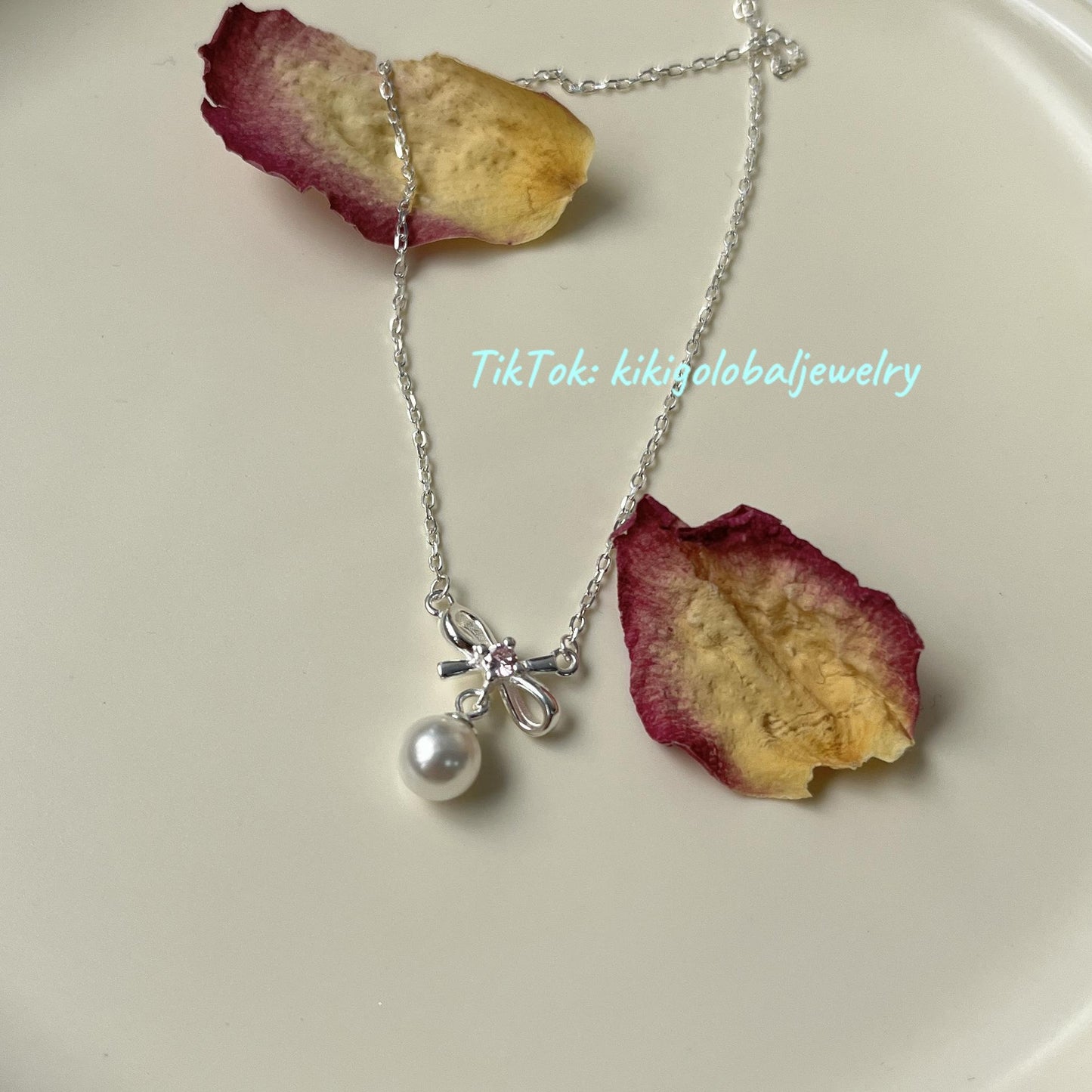 S925 sterling silver pink diamond bow pearl necklace
