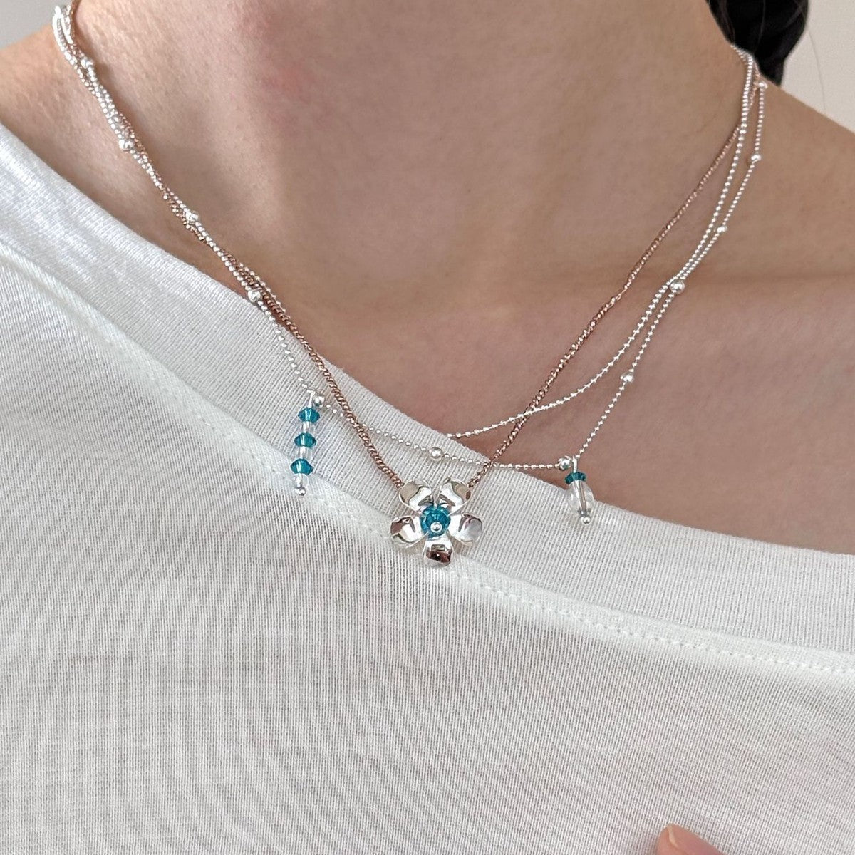 Silver Square Water Blue Flower Clavicle Necklace