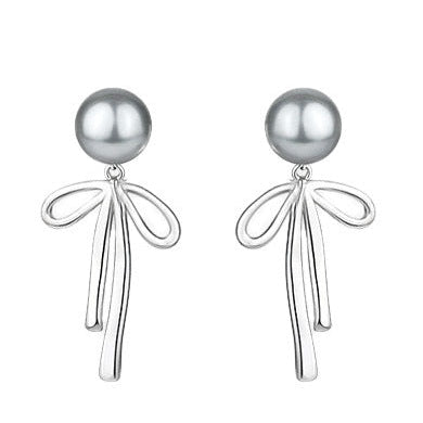 s925 silver stripe pattern bow pearl earrings