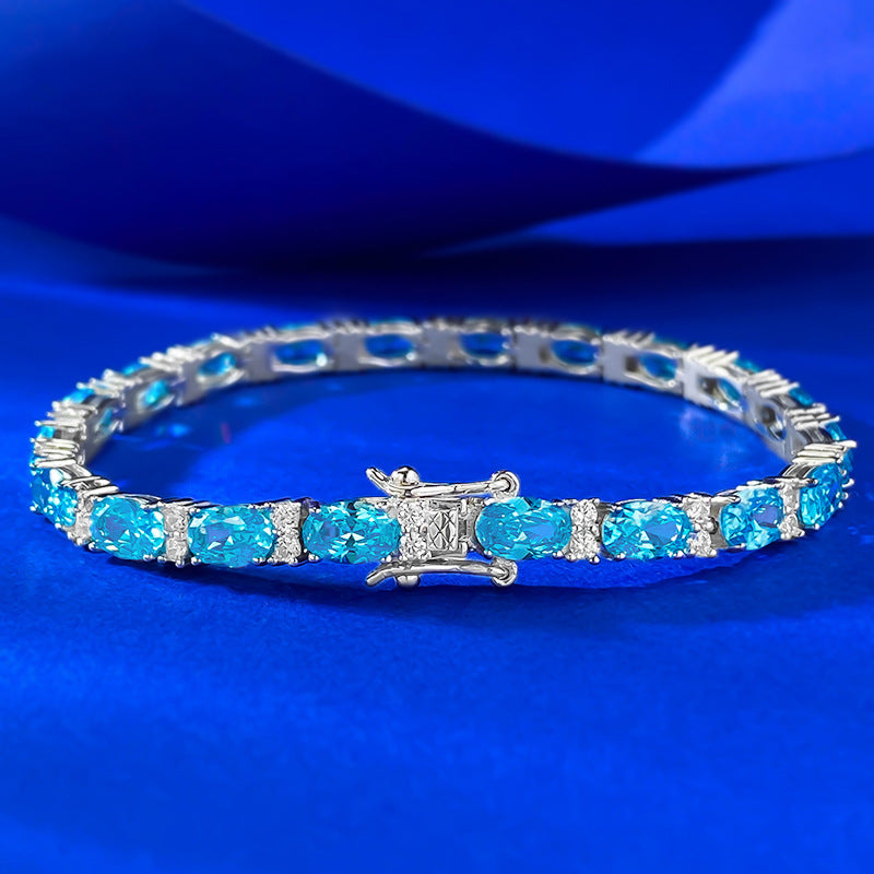 S925 silver high carbon diamond 4*6 sea blue full diamond bracelet