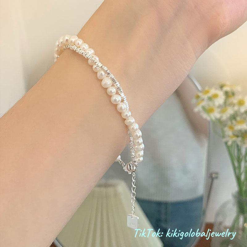 s925 sterling silver natural baroque pearl broken silver double layer bracelet
