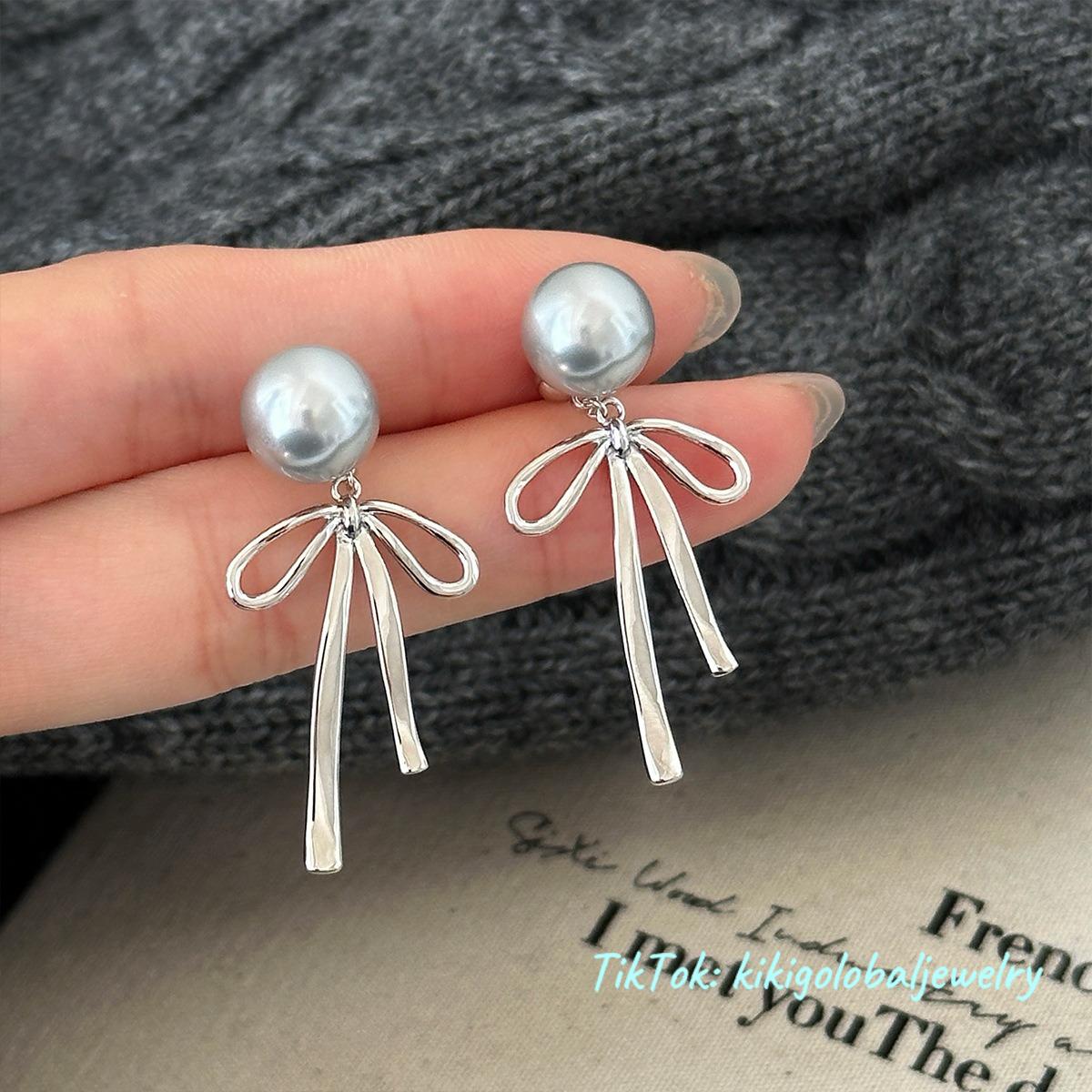 s925 silver stripe pattern bow pearl earrings