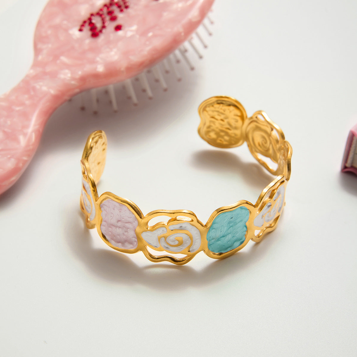 18K Gold and Stainless Steel Floral Rose Cuff Bracelet