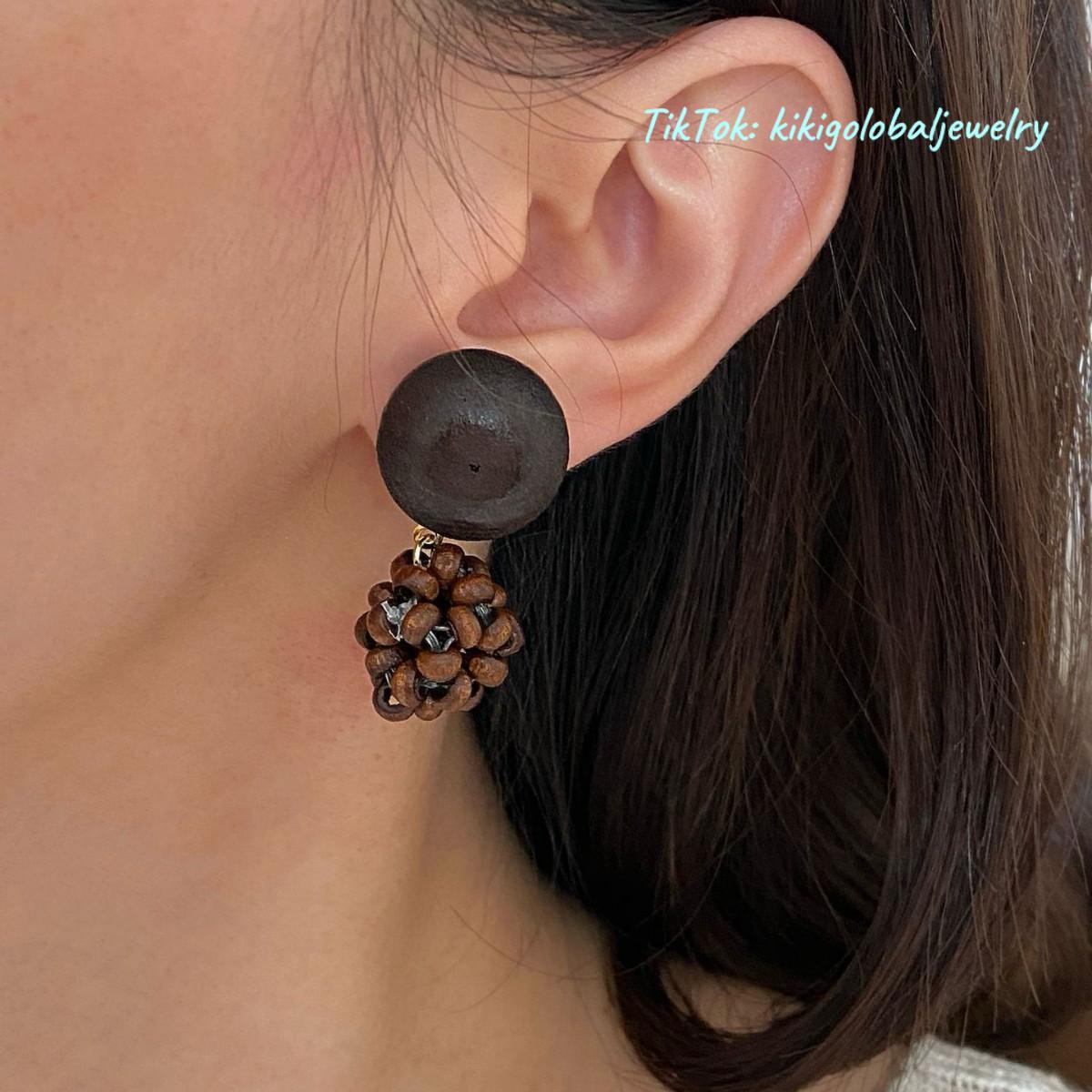 Hand-woven round wooden bead pine cone earrings