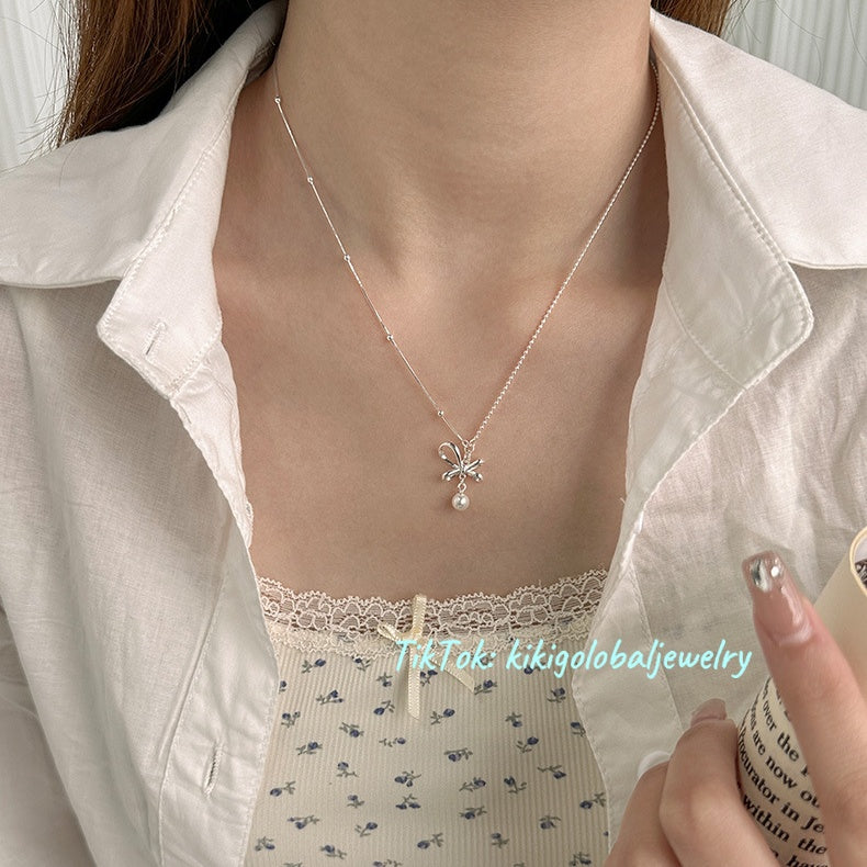 s925 sterling silver bow pearl necklace
