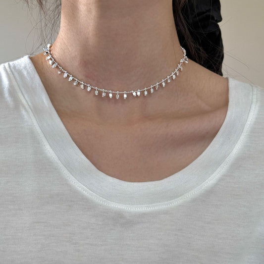 Silver Square Water Blue Flower Clavicle Necklace
