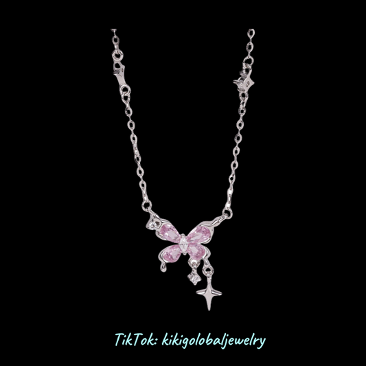 s925 sterling silver butterfly pink diamond necklace