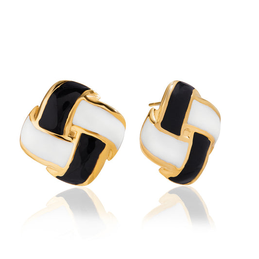 18K Gold Stainless Steel Square Black and White Checkerboard Earrings