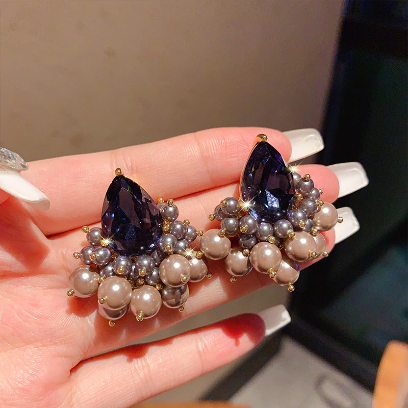Green Gemstone Pearl Stud Earrings