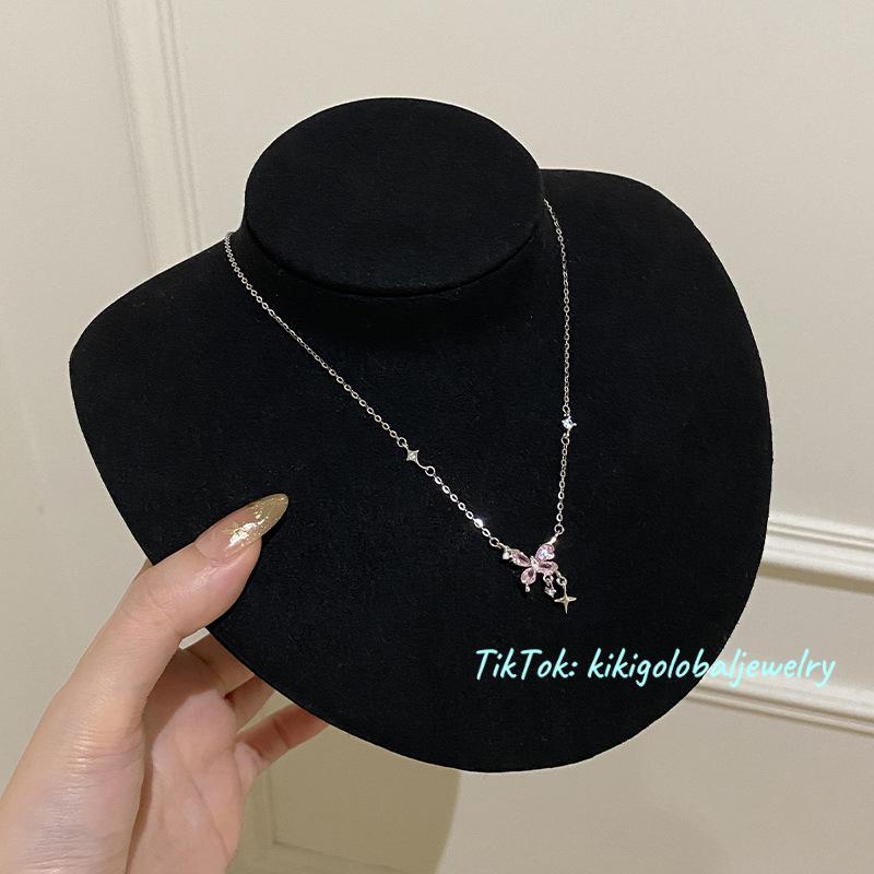 s925 sterling silver butterfly pink diamond necklace