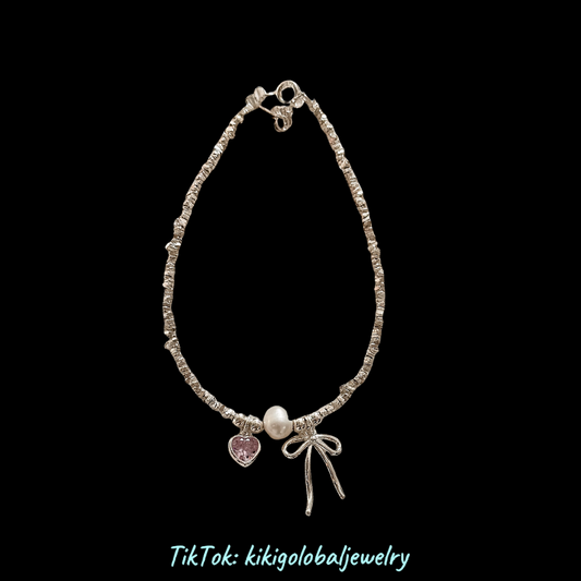 S925 sterling silver pink heart bow pearl silver bracelet