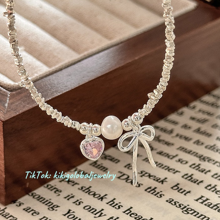 S925 sterling silver pink heart bow pearl silver bracelet
