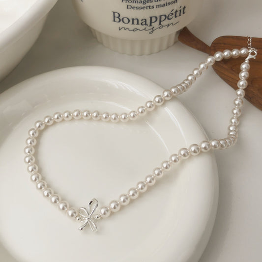 S925 silver bow pearl necklace