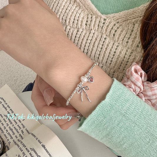 S925 sterling silver pink heart bow pearl silver bracelet