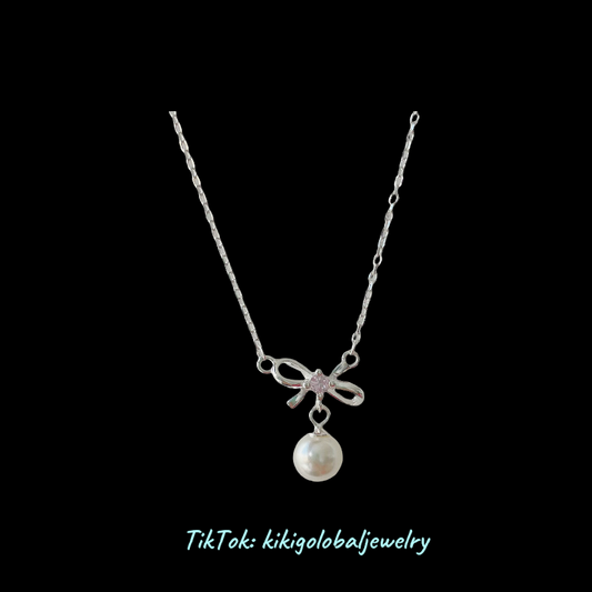 S925 sterling silver pink diamond bow pearl necklace