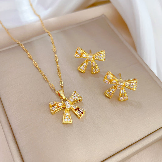 Zircon Bow Earrings and Necklace Set