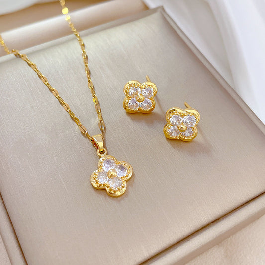 Zircon Four-Leaf Flower Earrings and Necklace Set