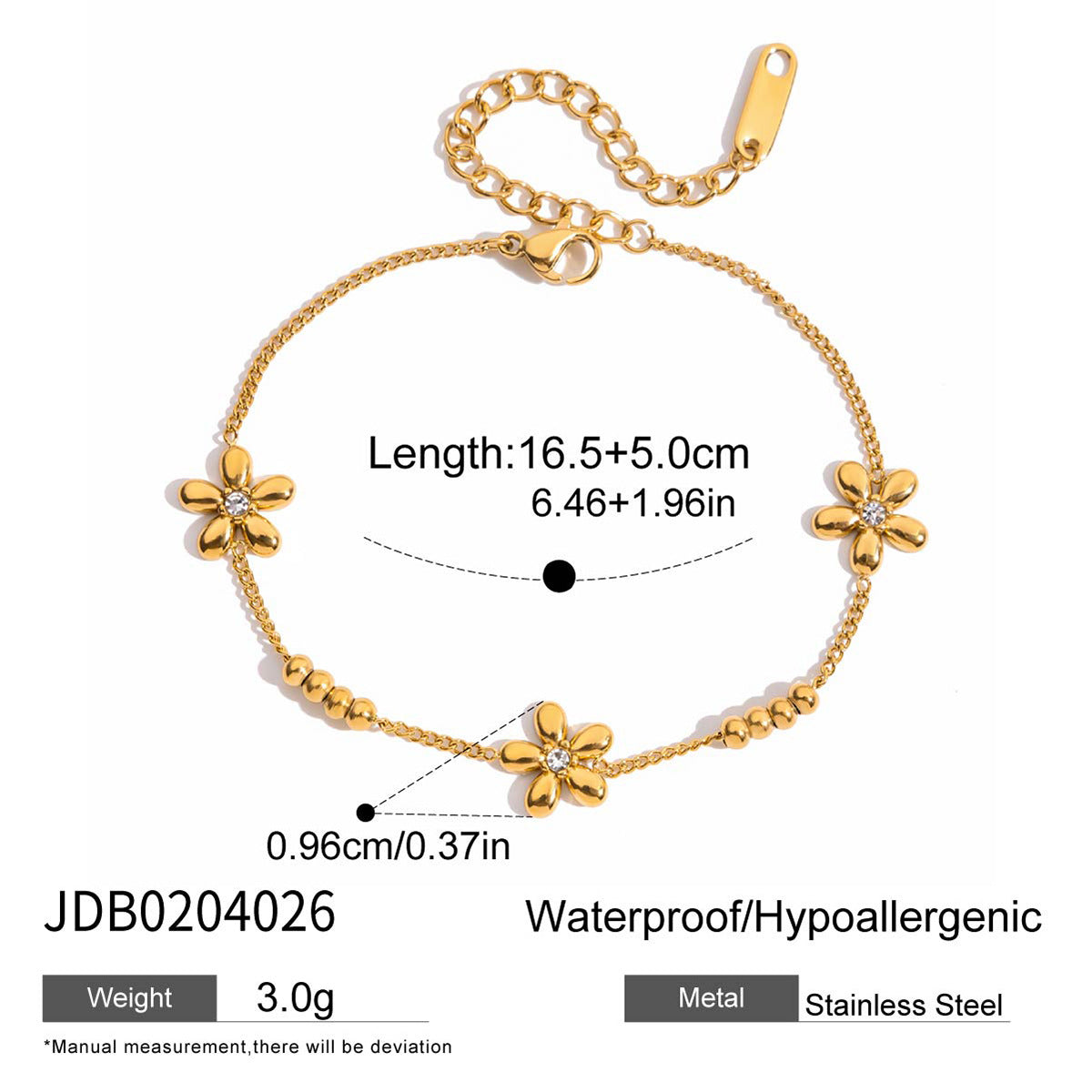 18K gold stainless steel flower bracelet with diamonds