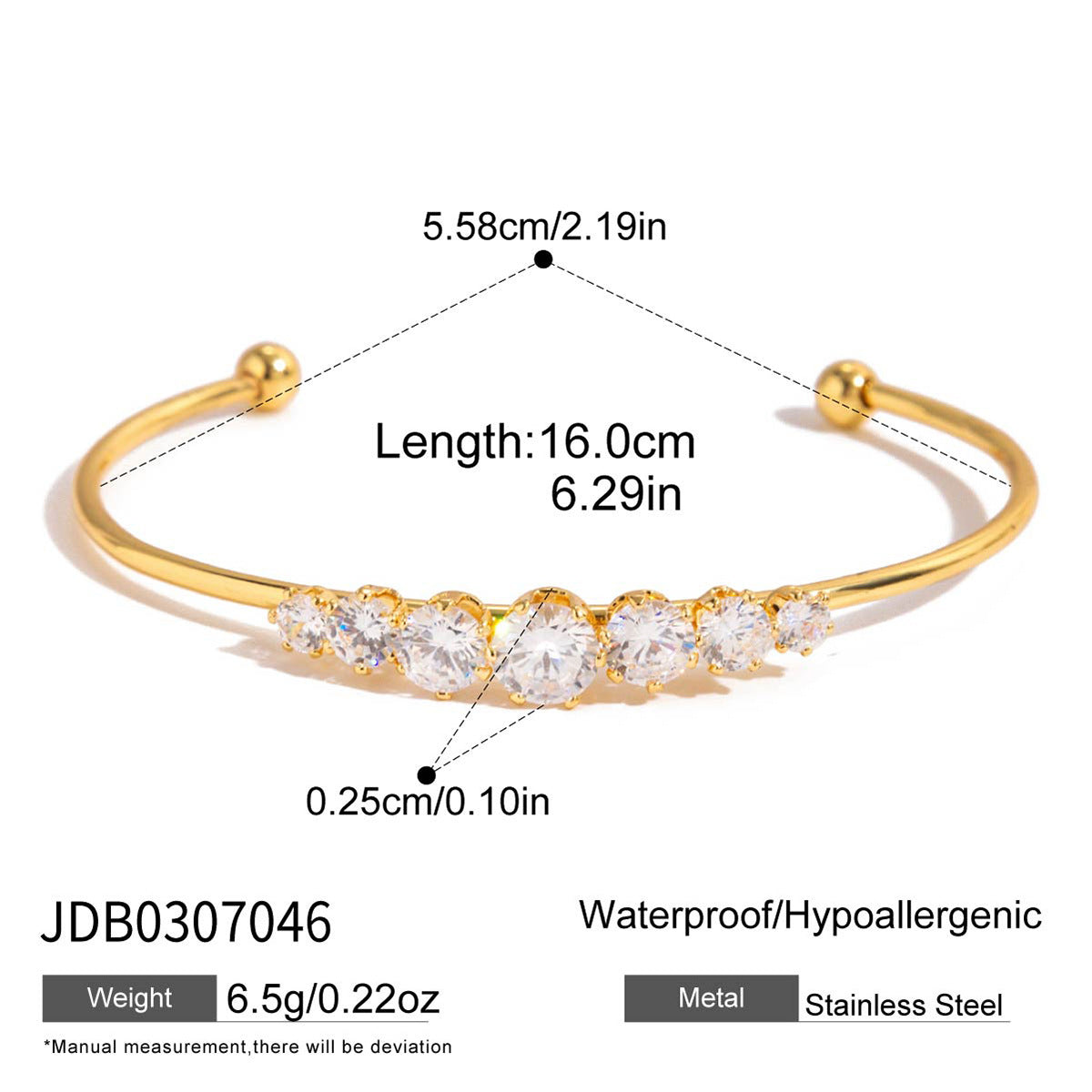 18K Gold and Stainless Steel Round White Cubic Zirconia Cuff Bracelet