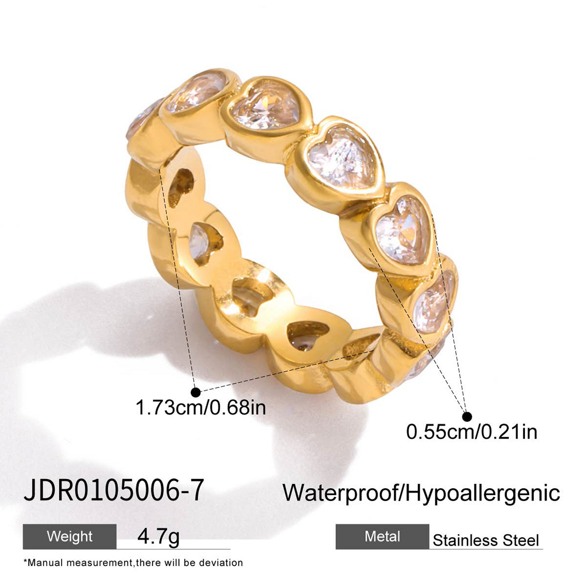 18K gold stainless steel heart zircon ring