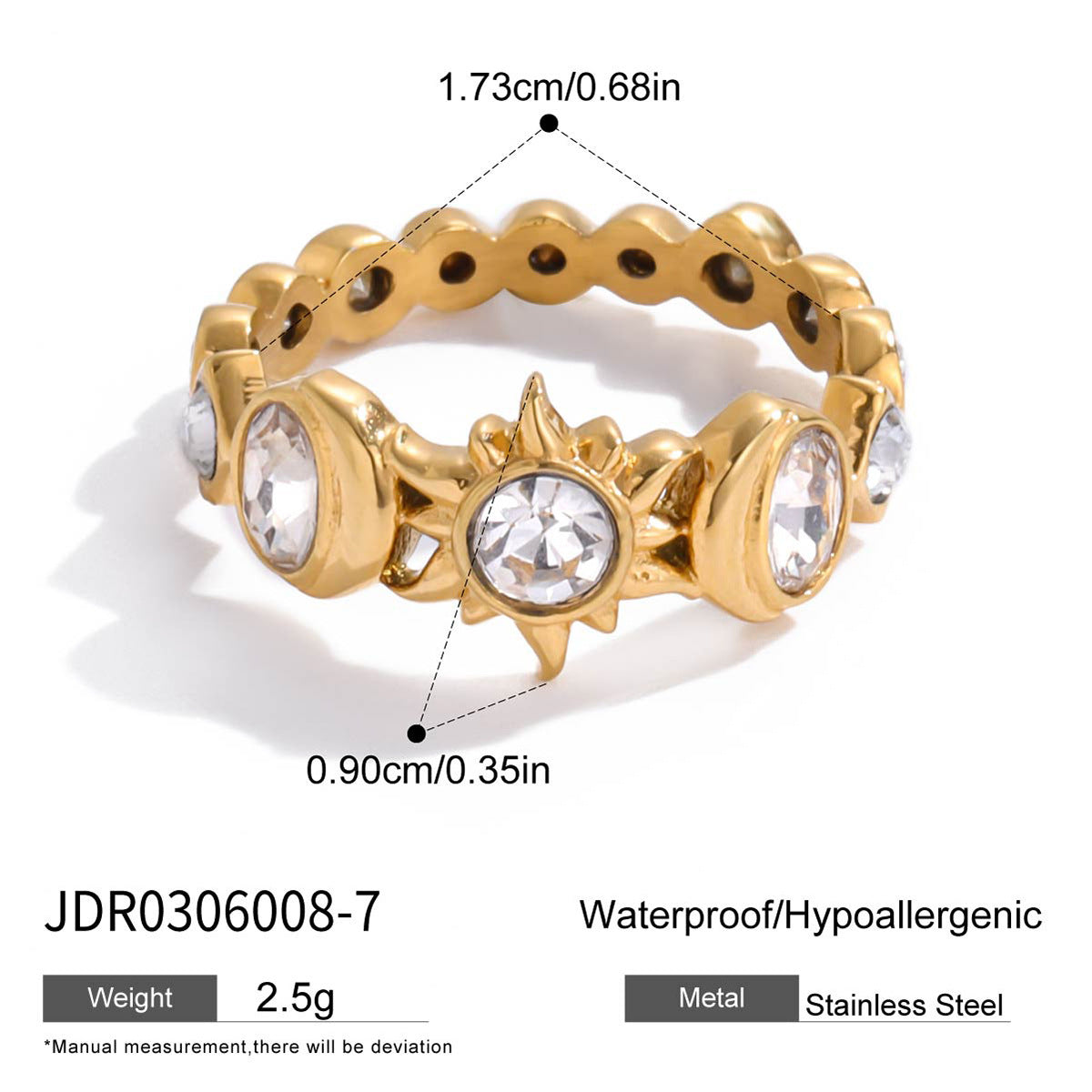18K Gold Stainless Steel Zircon Sun Ring