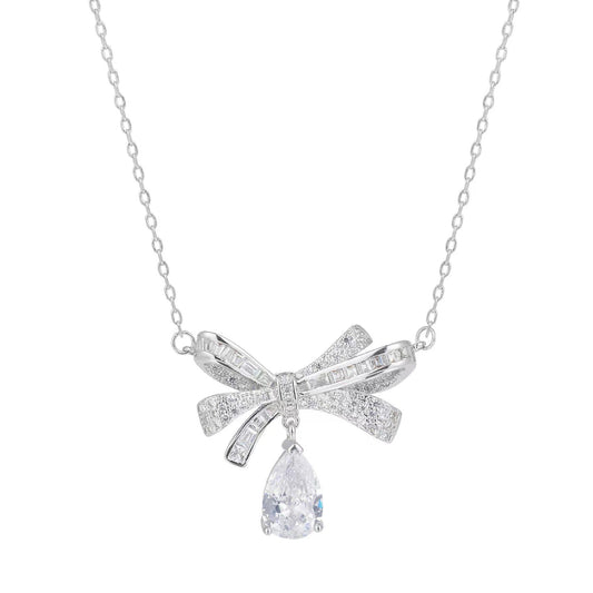 Sterling silver bow drop zircon necklace