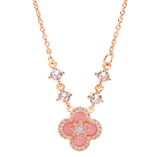 Pink Four-Leaf Clover Super Sparkling Zircon Necklace
