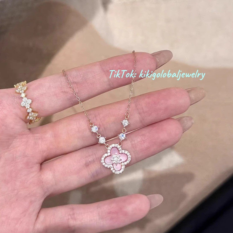 Pink Four-Leaf Clover Super Sparkling Zircon Necklace