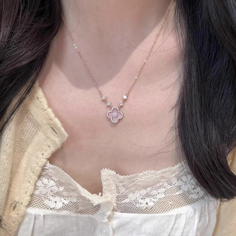Pink Four-Leaf Clover Super Sparkling Zircon Necklace