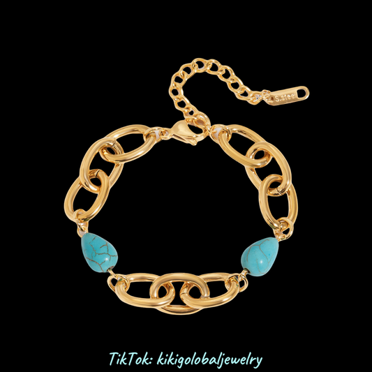 18K Gold and Stainless Steel Wide Oval Blue Turquoise Bracelet