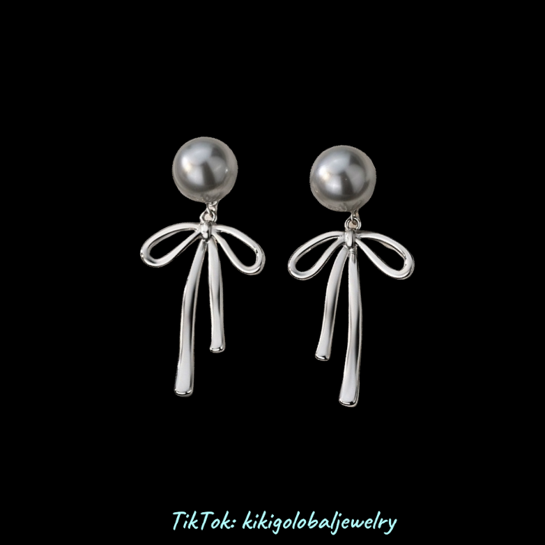 s925 silver stripe pattern bow pearl earrings